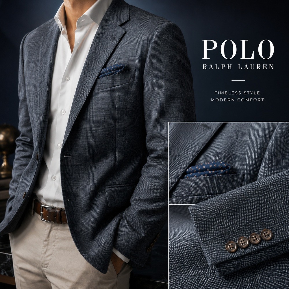 Polo Ralph Lauren Blazer Mens 38/R Navy Blue Glen Plaid L/S 2-Button 7K13